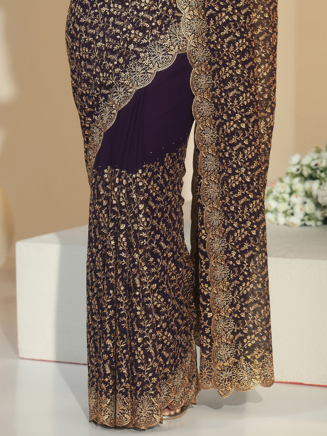 Mameraa Dark Purple Floral Embroidered Georgette Saree