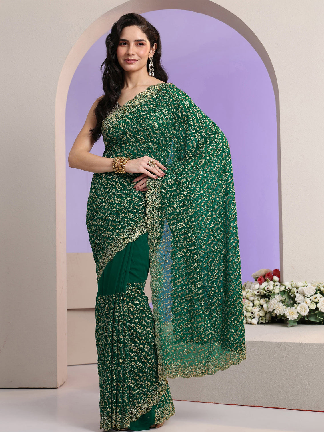 Mameraa Bottle Green Floral Embroidered Georgette Saree