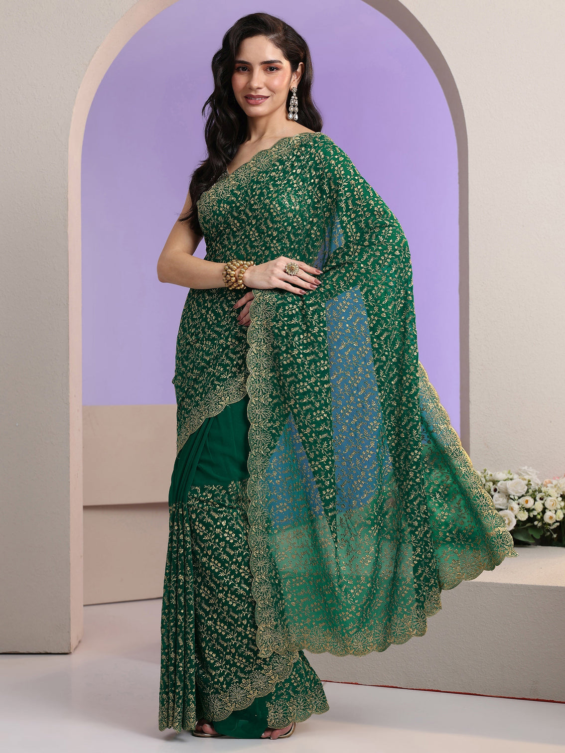 Mameraa Bottle Green Floral Embroidered Georgette Saree