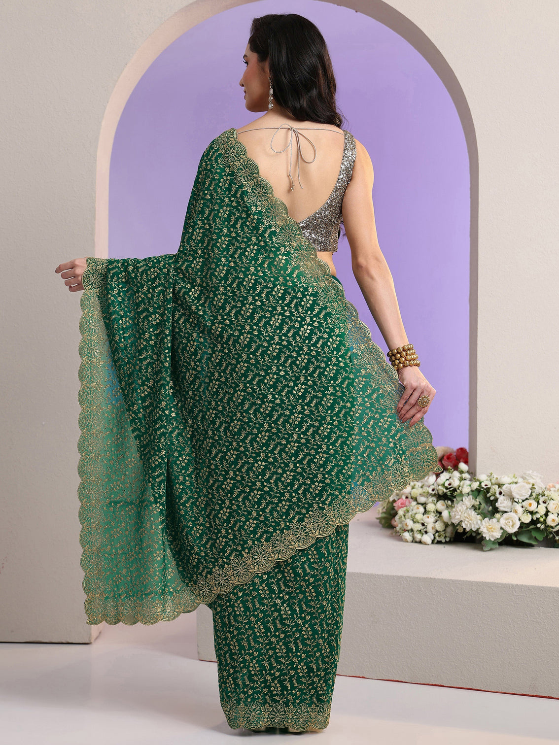 Mameraa Bottle Green Floral Embroidered Georgette Saree