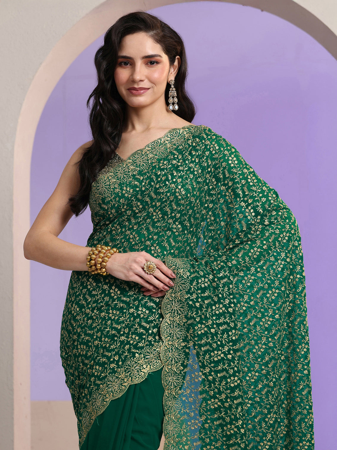 Mameraa Bottle Green Floral Embroidered Georgette Saree