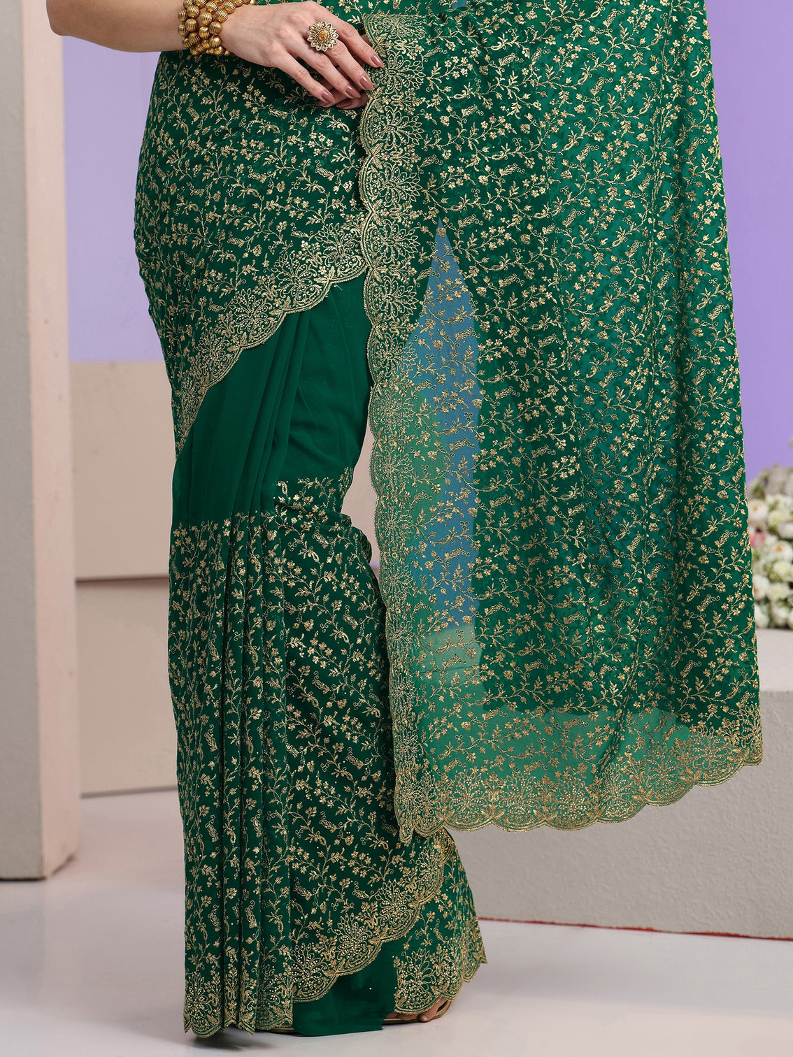 Mameraa Bottle Green Floral Embroidered Georgette Saree