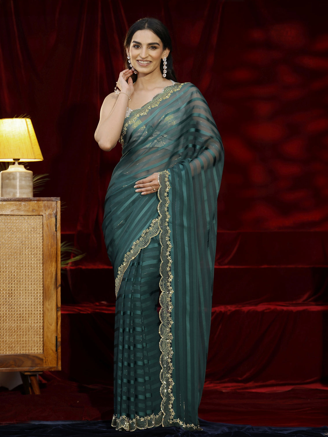 Mameraa Green Striped Net Saree