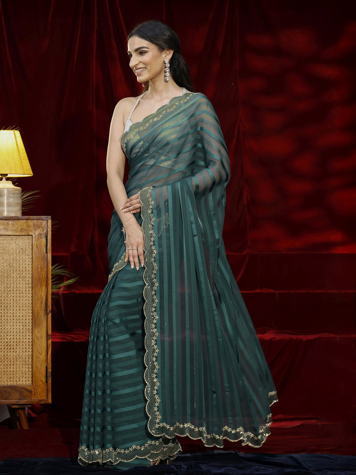 Mameraa Green Striped Net Saree