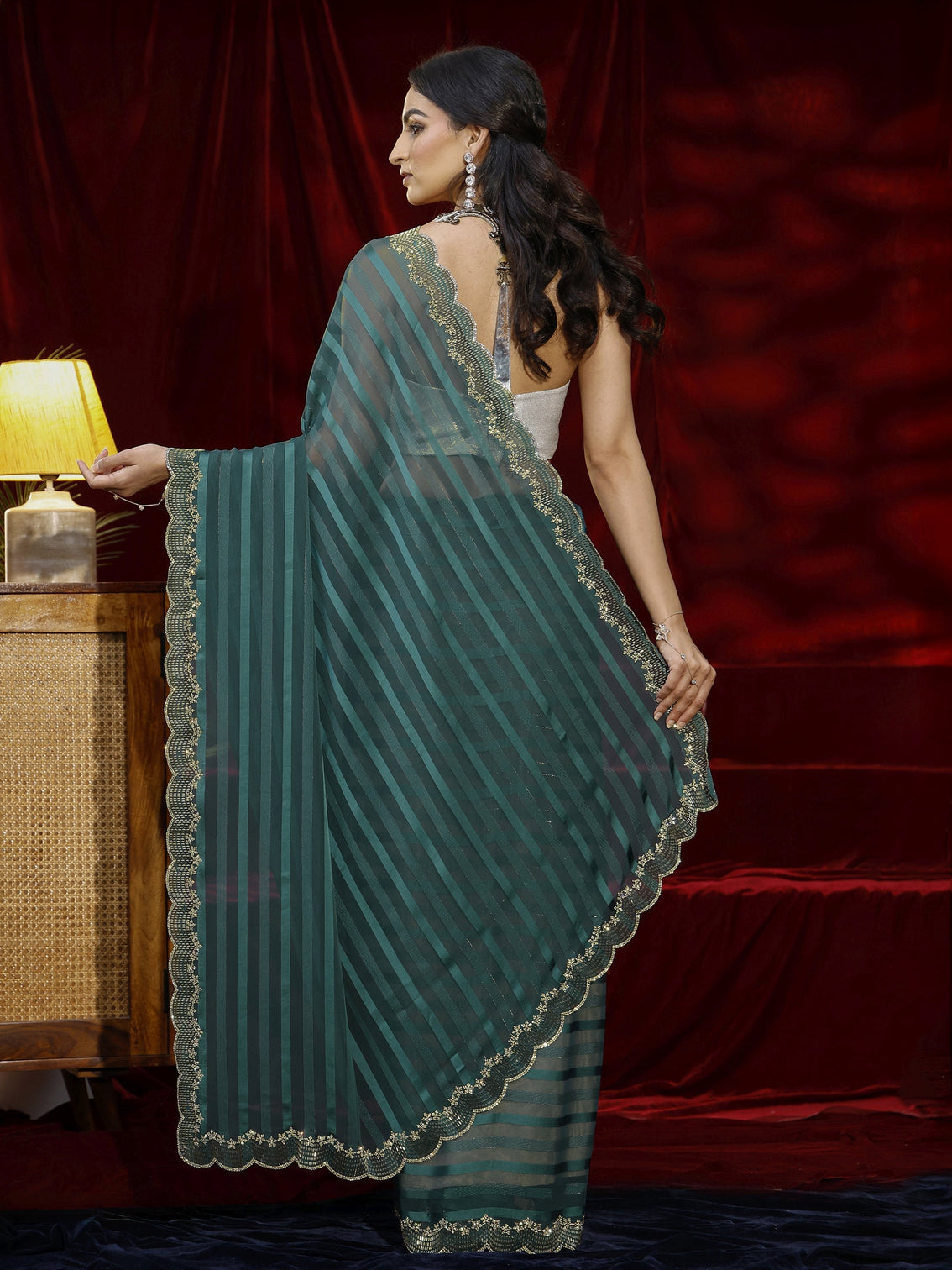 Mameraa Green Striped Net Saree