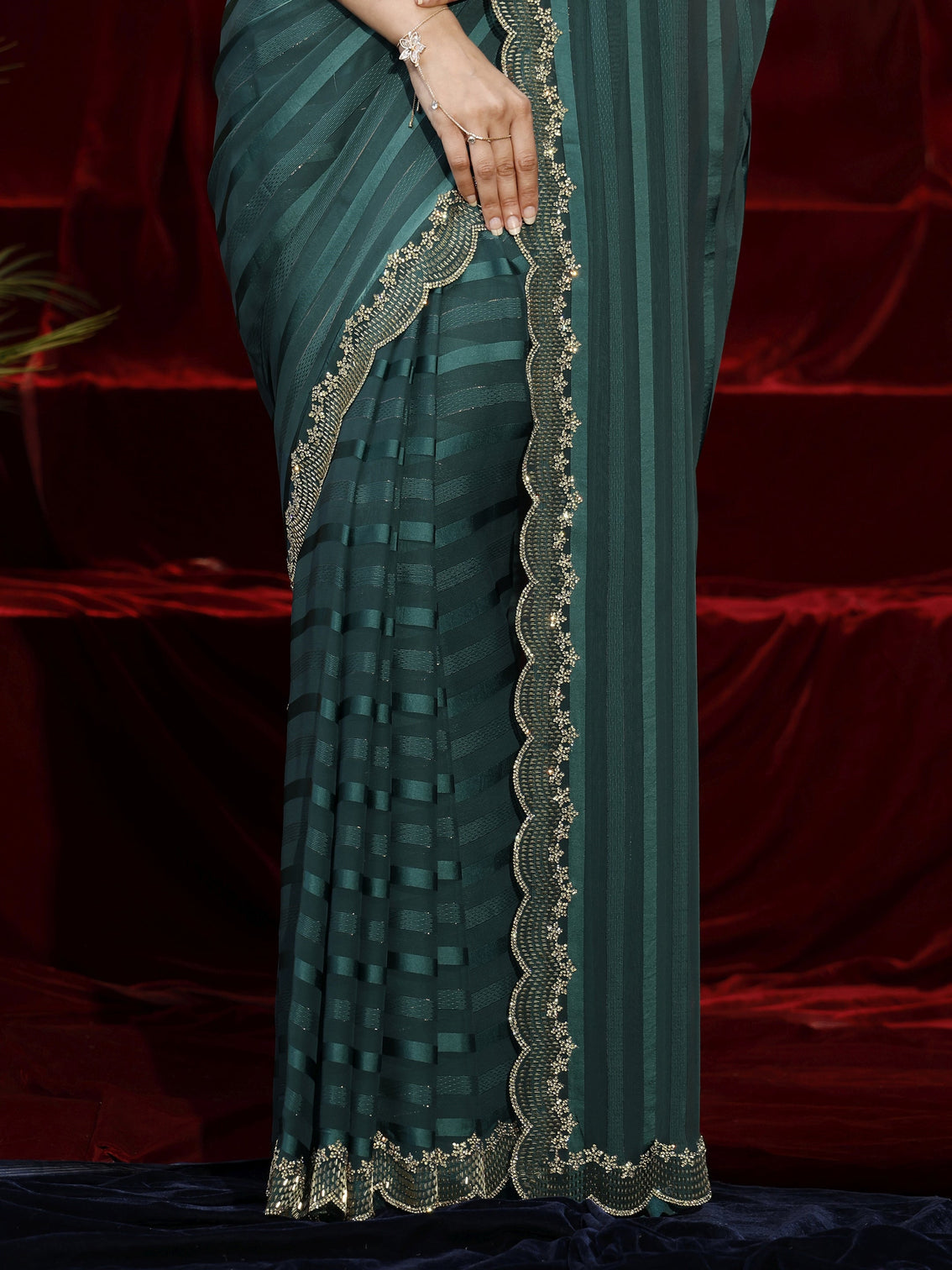 Mameraa Green Striped Net Saree