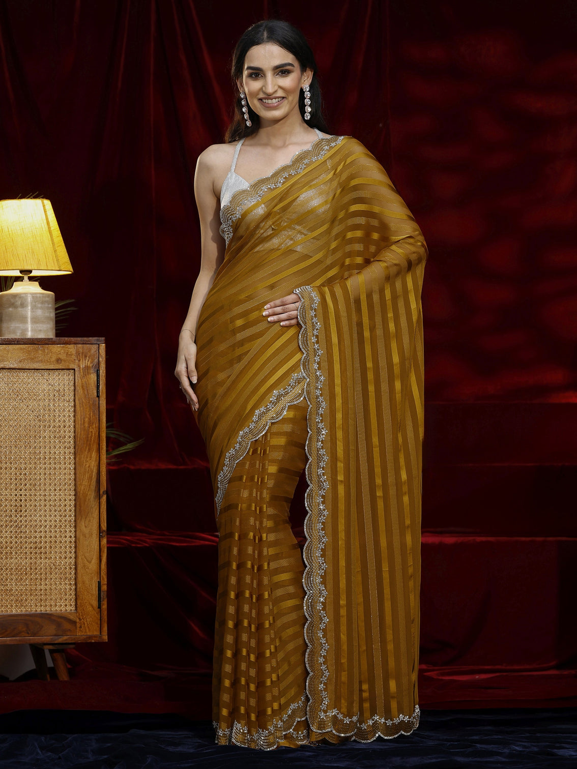 Mameraa Mustard Striped Net Saree