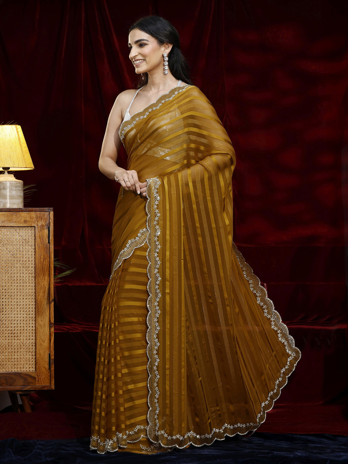 Mameraa Mustard Striped Net Saree