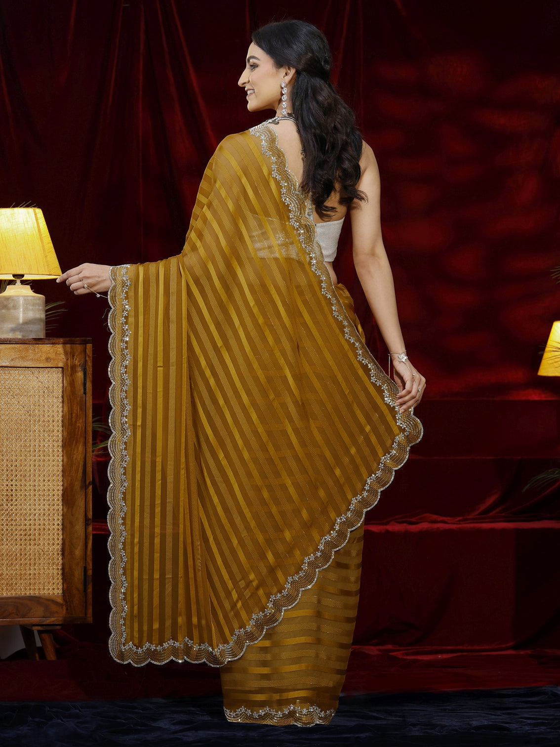 Mameraa Mustard Striped Net Saree