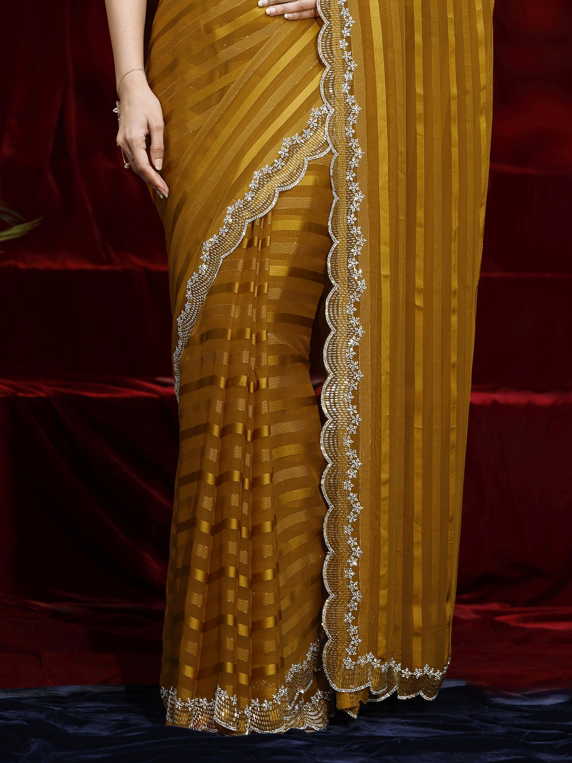 Mameraa Mustard Striped Net Saree