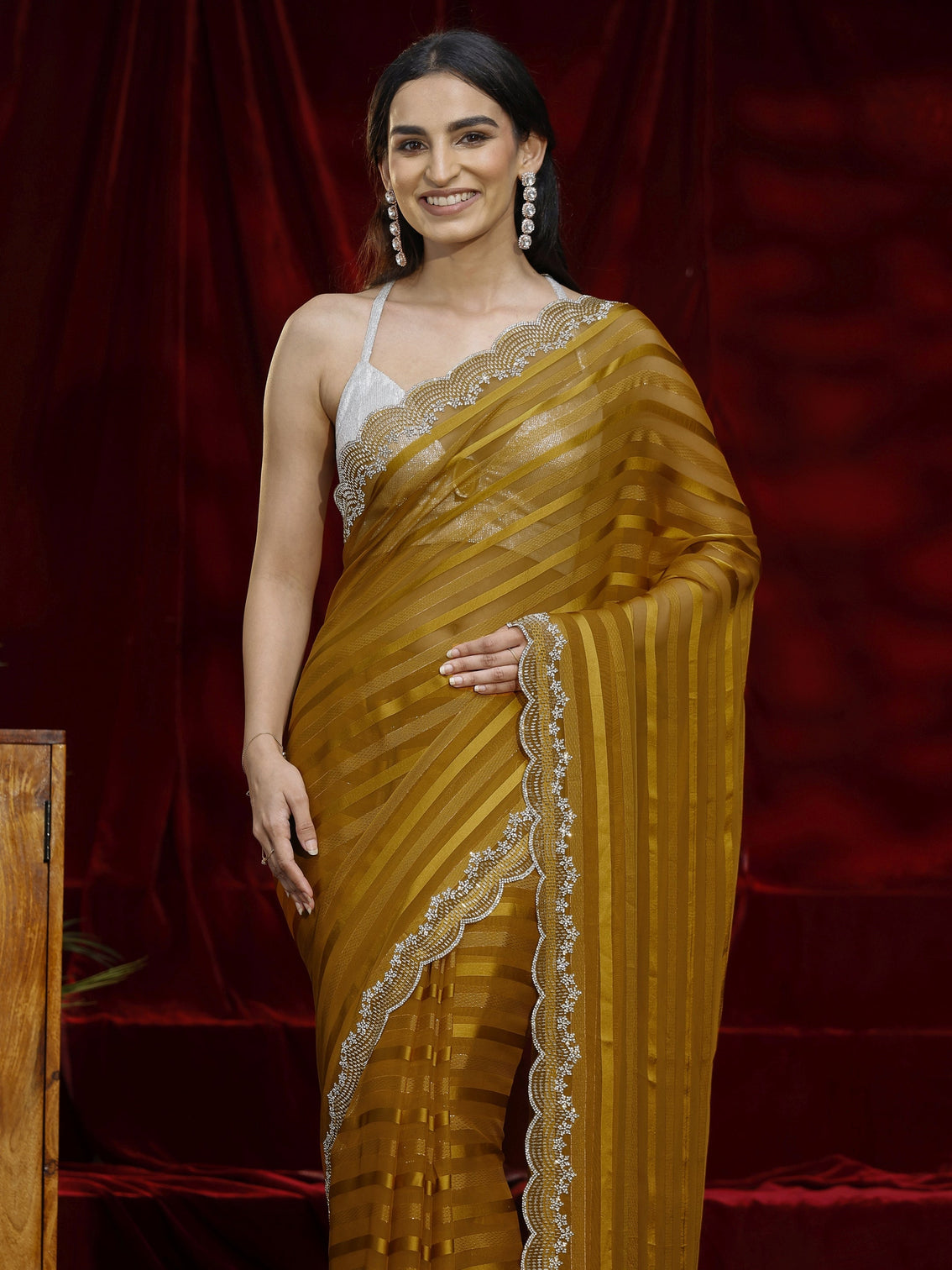 Mameraa Mustard Striped Net Saree