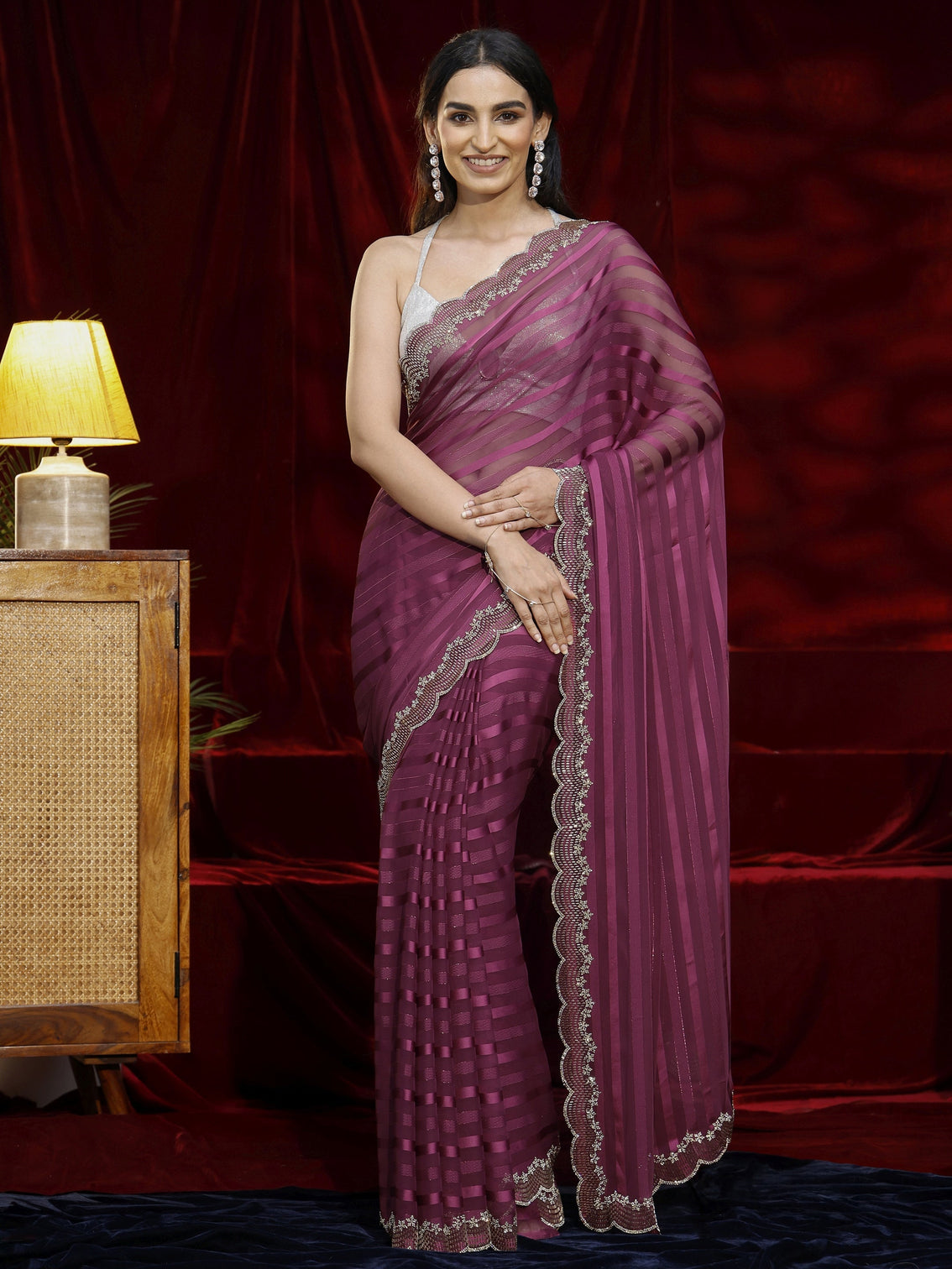 Mameraa Burgundy Striped Net Saree