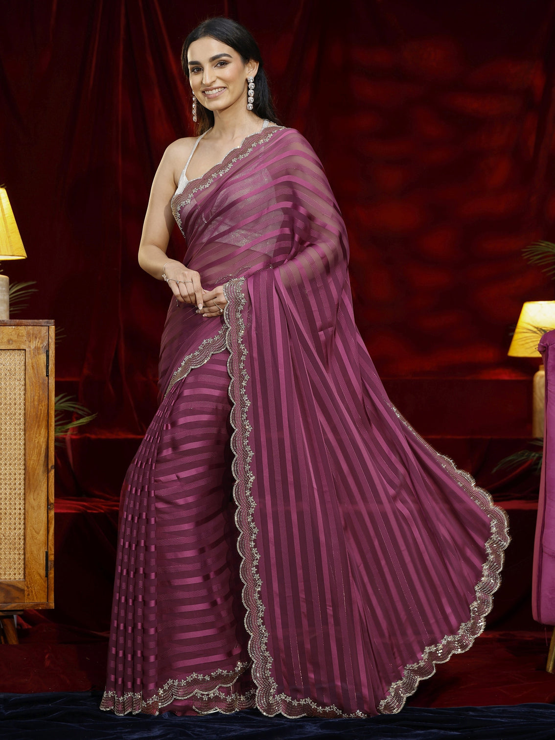 Mameraa Burgundy Striped Net Saree
