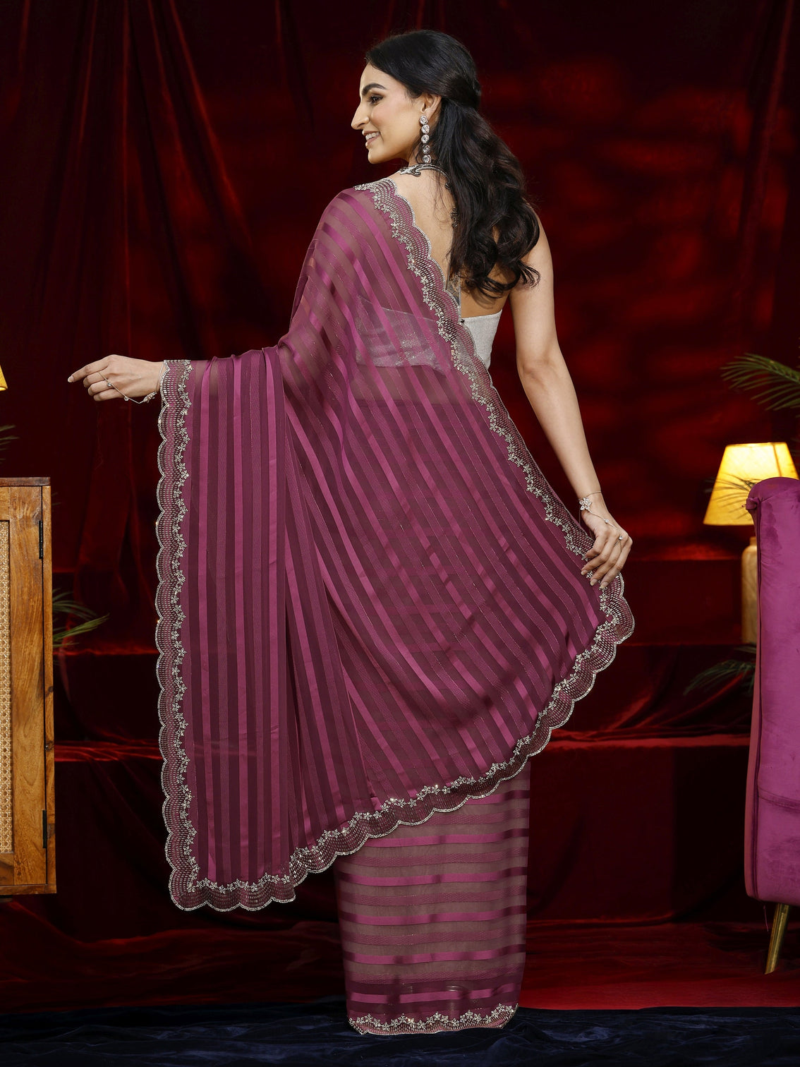 Mameraa Burgundy Striped Net Saree