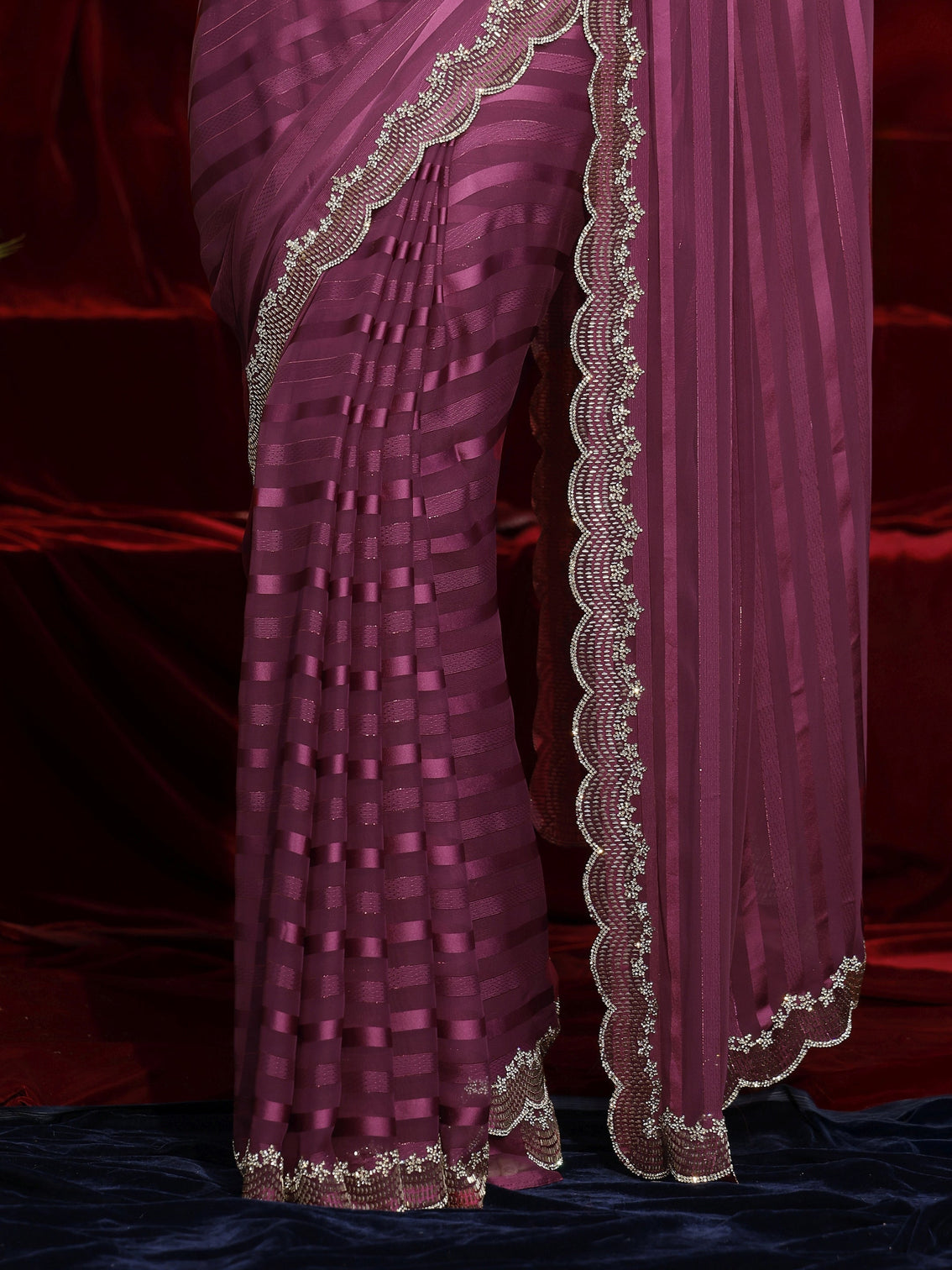 Mameraa Burgundy Striped Net Saree