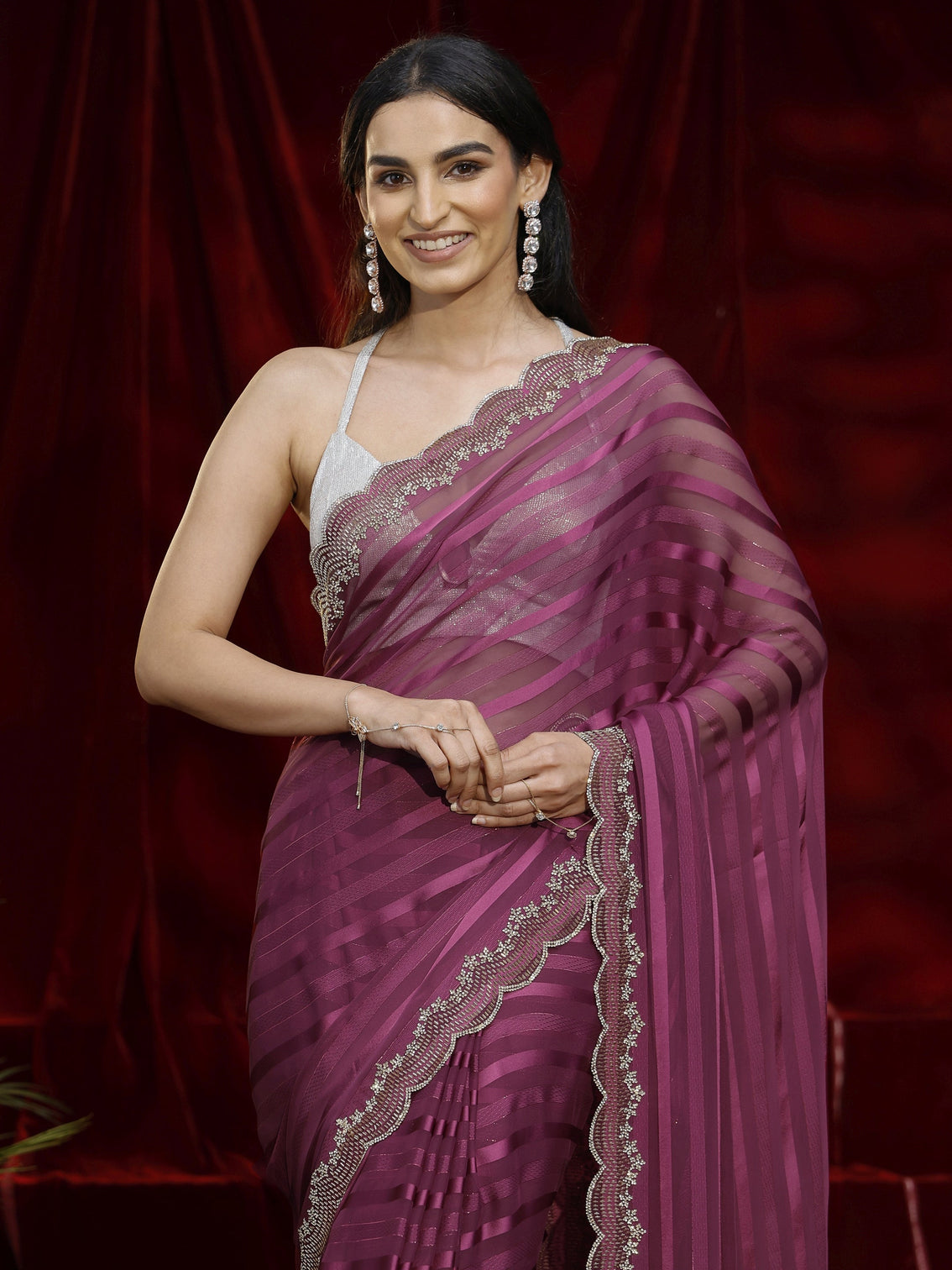 Mameraa Burgundy Striped Net Saree