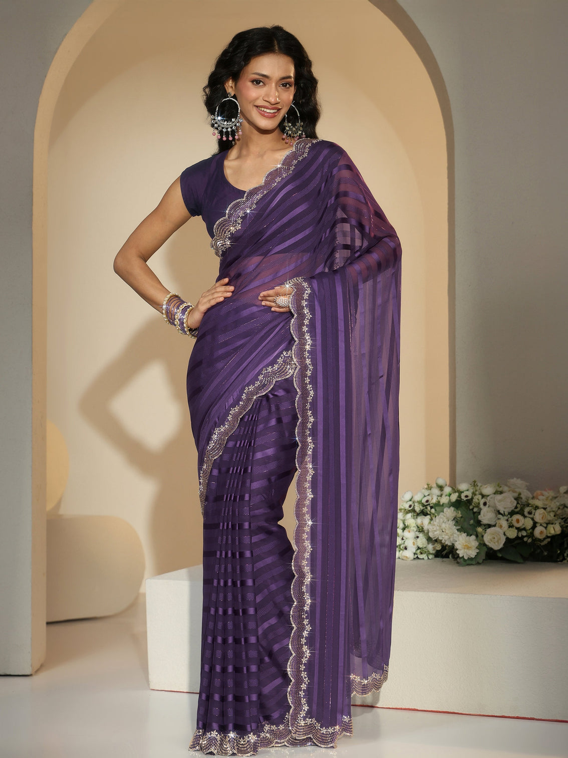 Mameraa Purple Striped Embellished Net Saree