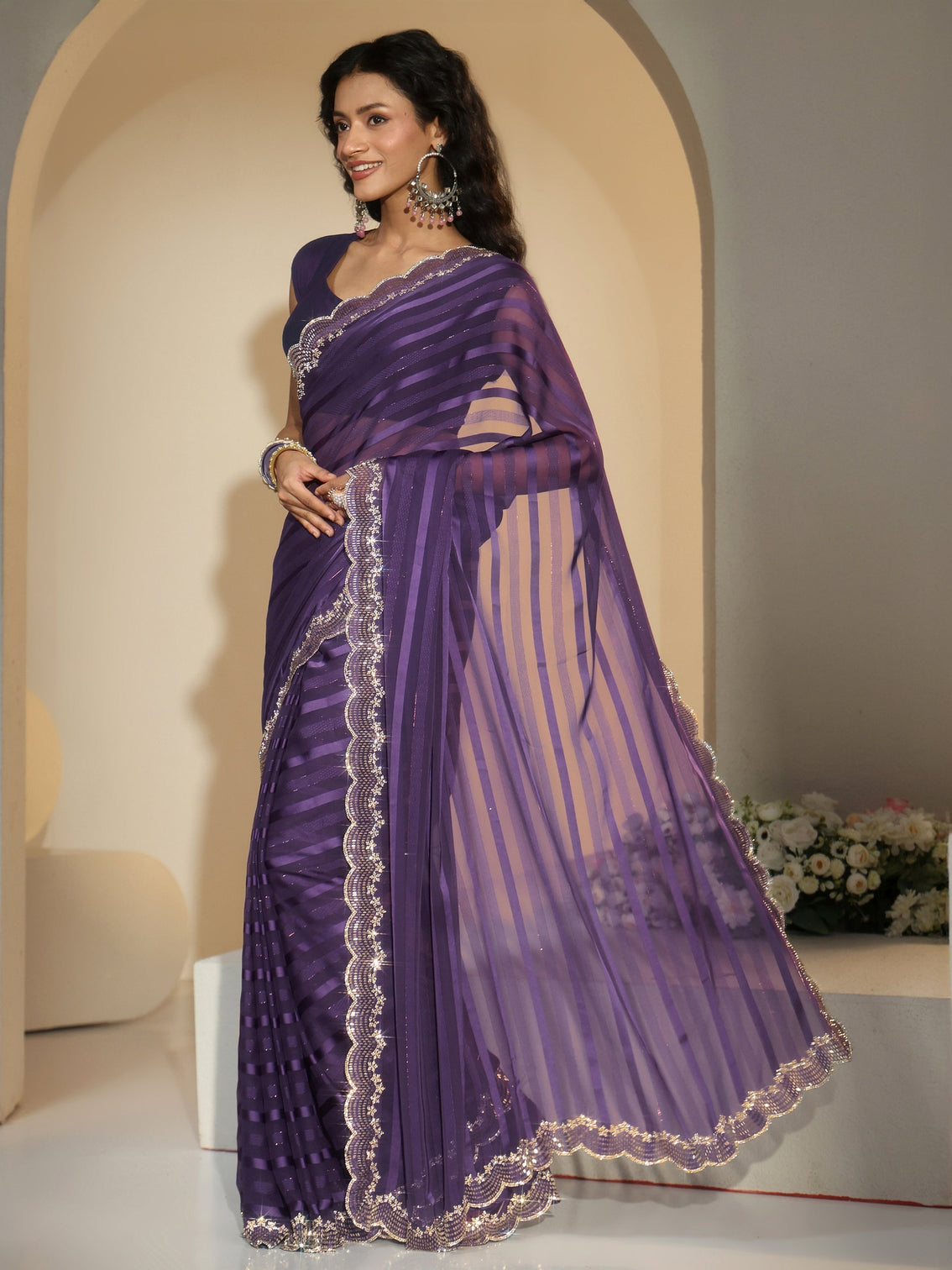 Mameraa Purple Striped Embellished Net Saree