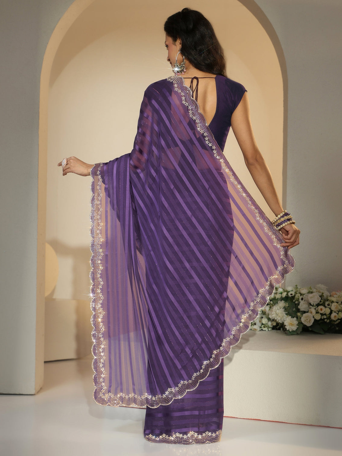 Mameraa Purple Striped Embellished Net Saree