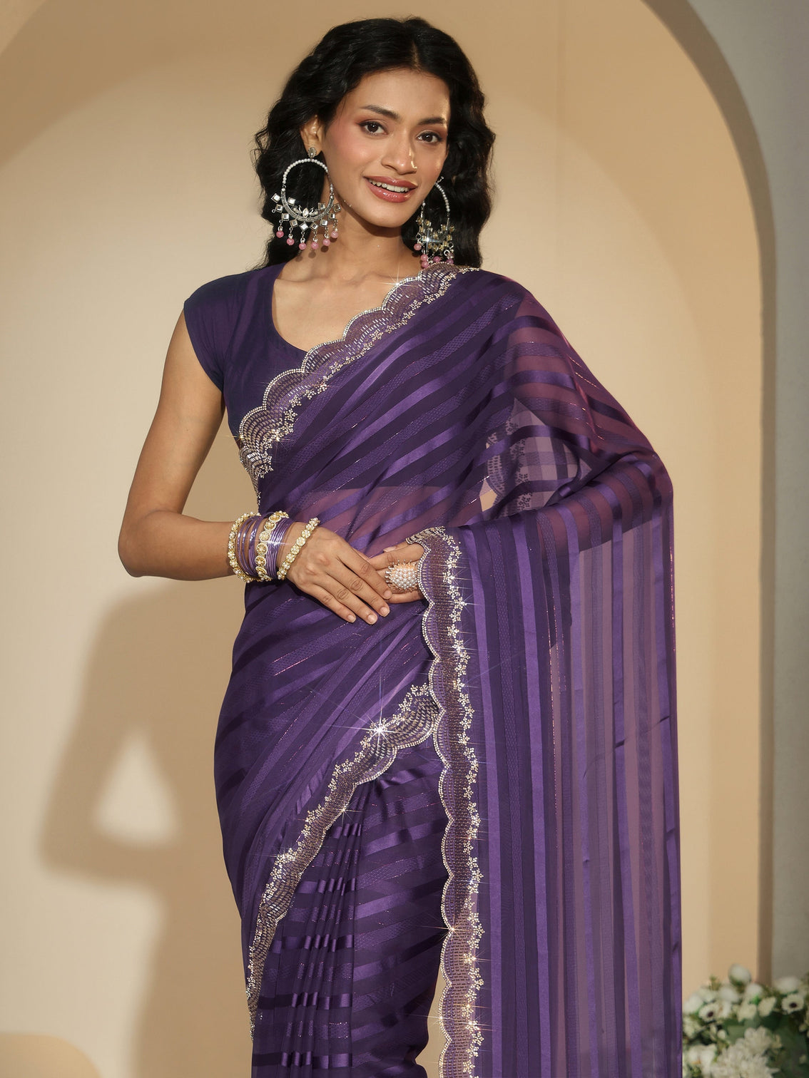 Mameraa Purple Striped Embellished Net Saree