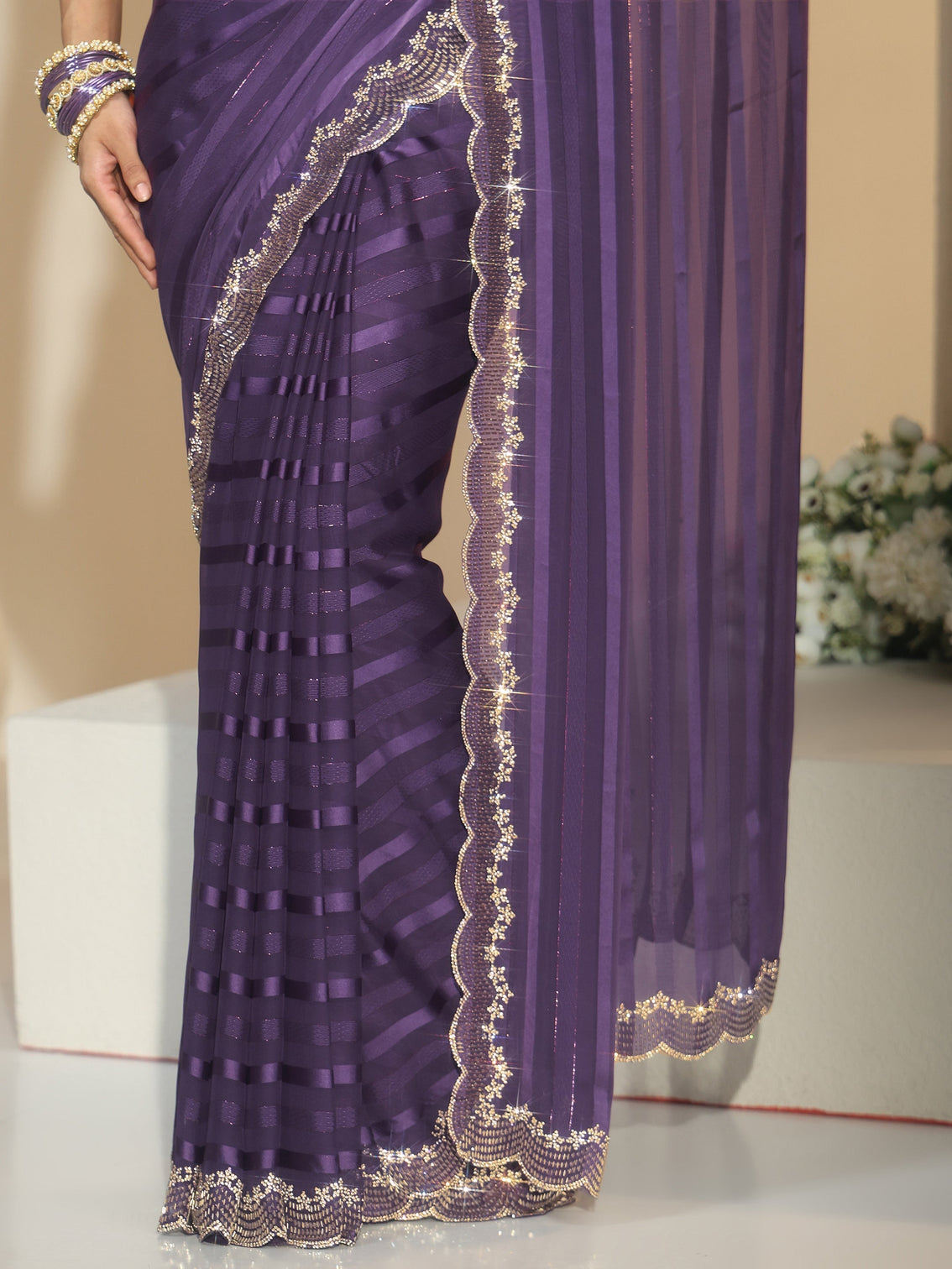 Mameraa Purple Striped Embellished Net Saree