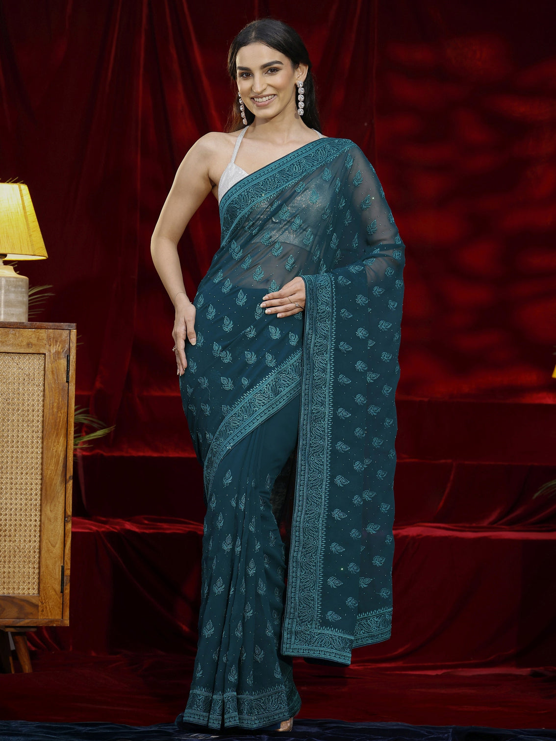 Mameraa Blue Floral Embroidered Georgette Saree