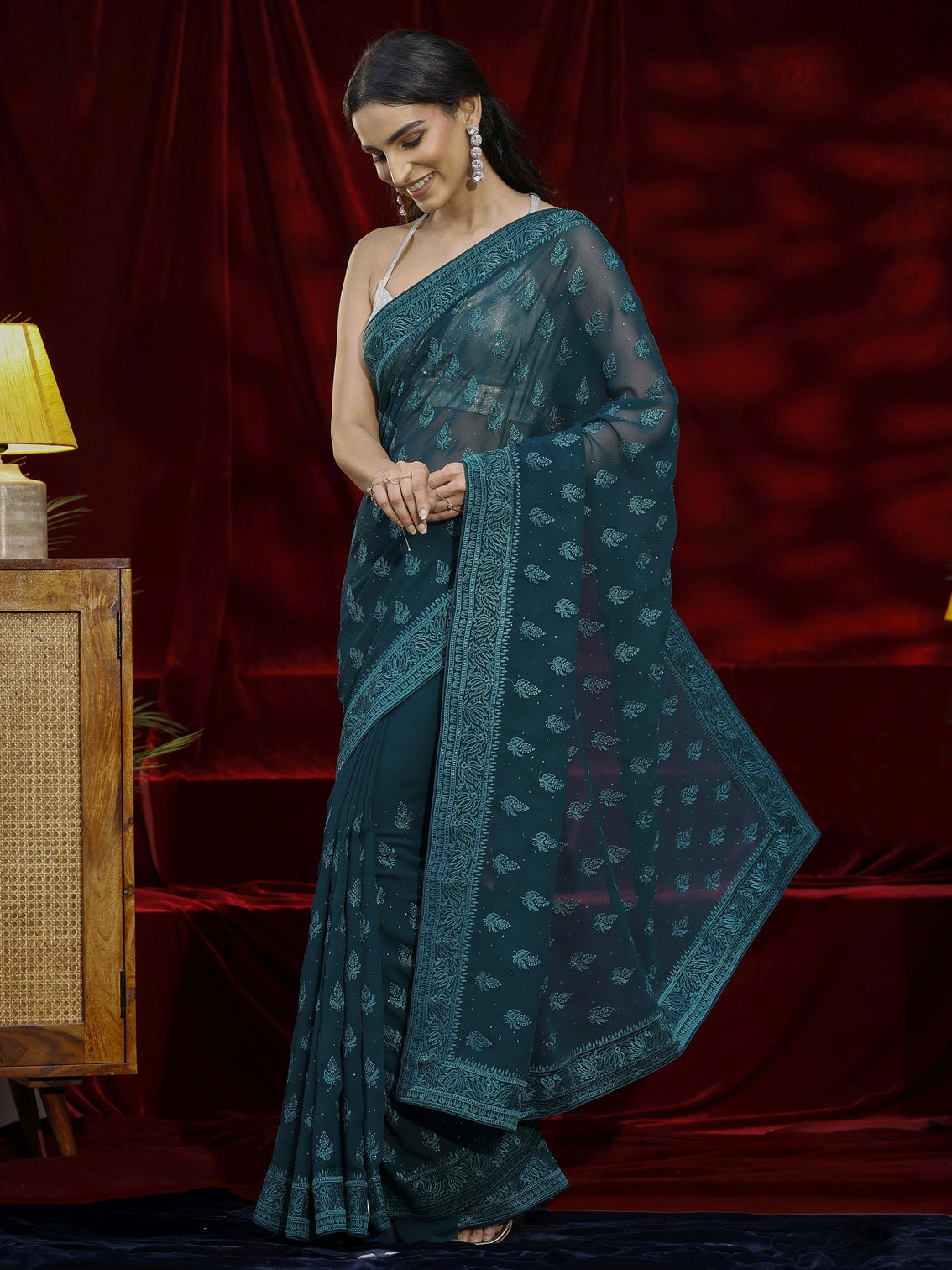 Mameraa Blue Floral Embroidered Georgette Saree