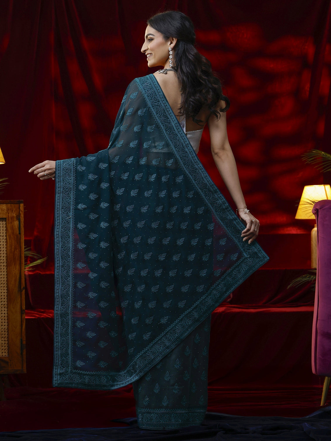 Mameraa Blue Floral Embroidered Georgette Saree
