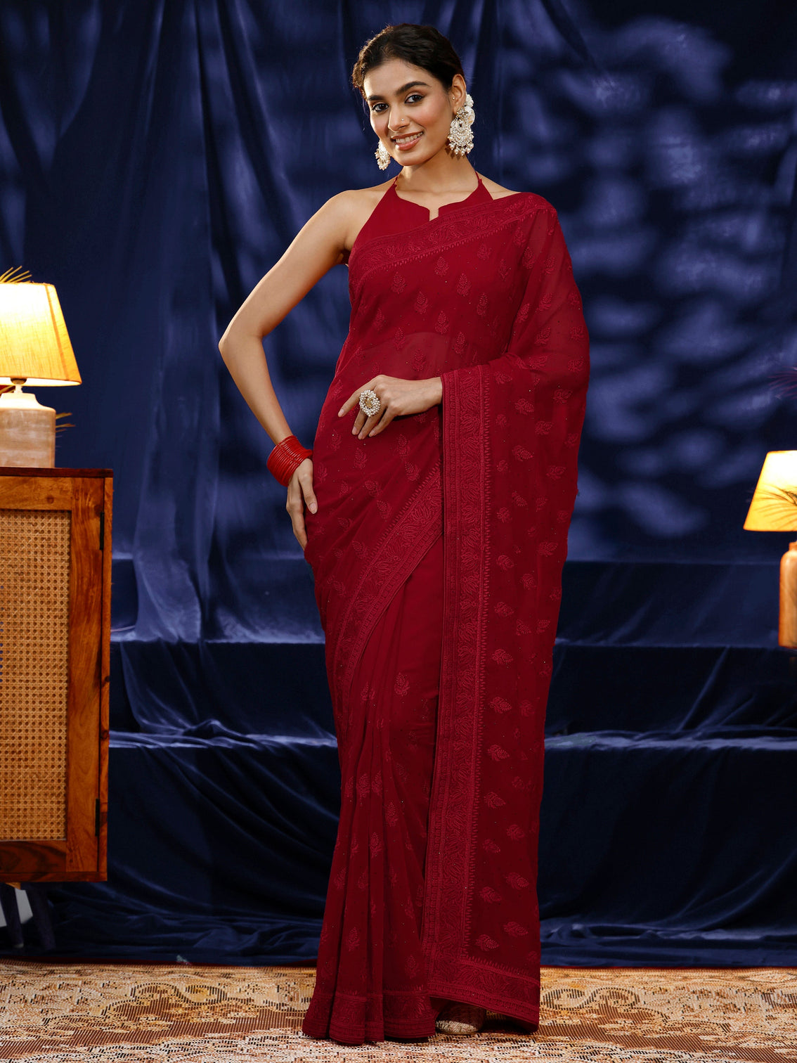 Mameraa Red Floral Embroidered Georgette Saree