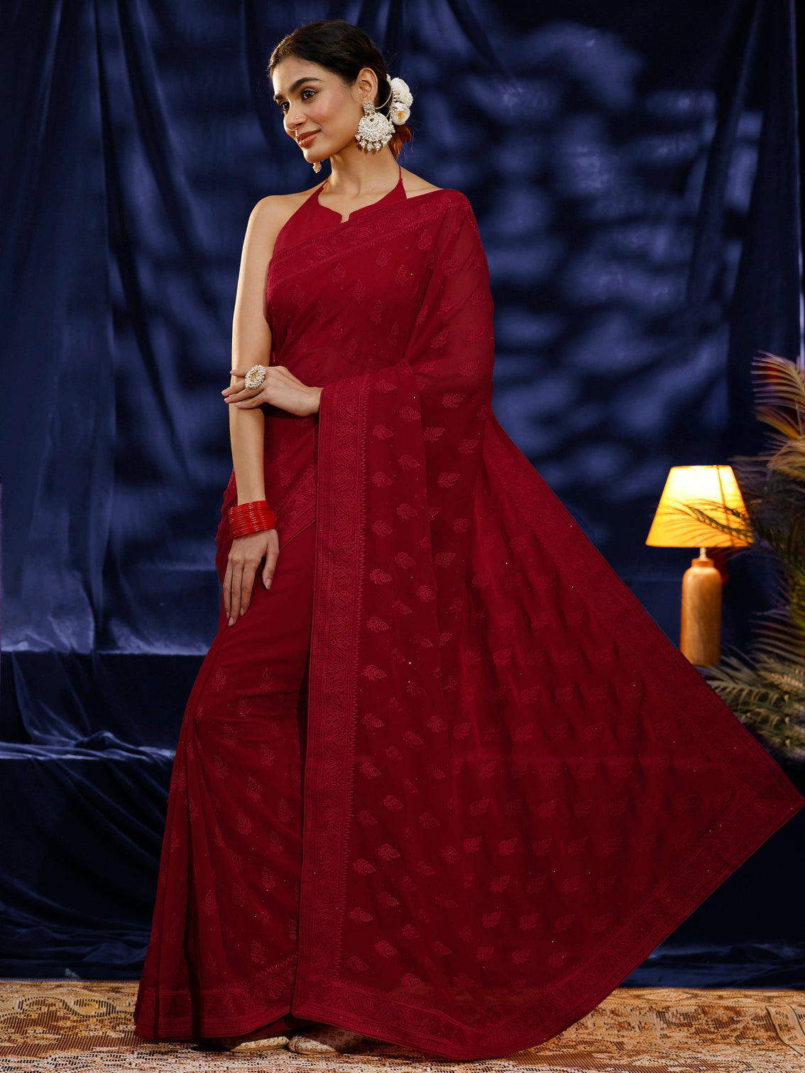 Mameraa Red Floral Embroidered Georgette Saree