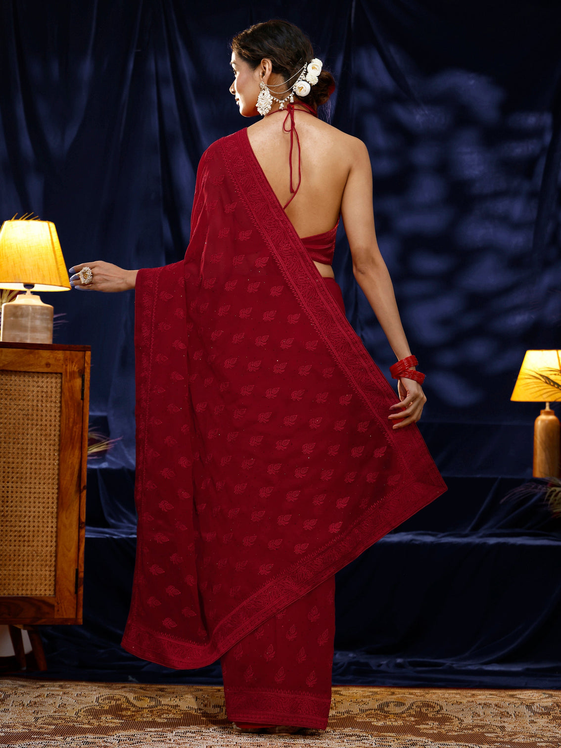 Mameraa Red Floral Embroidered Georgette Saree