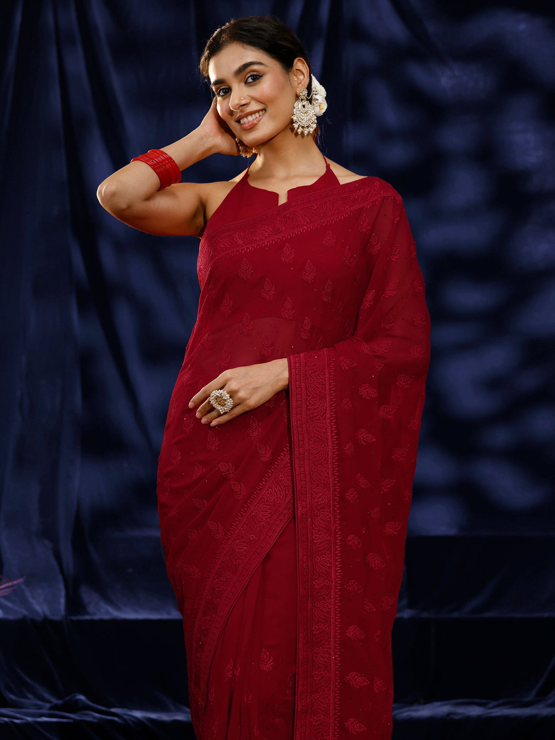 Mameraa Red Floral Embroidered Georgette Saree