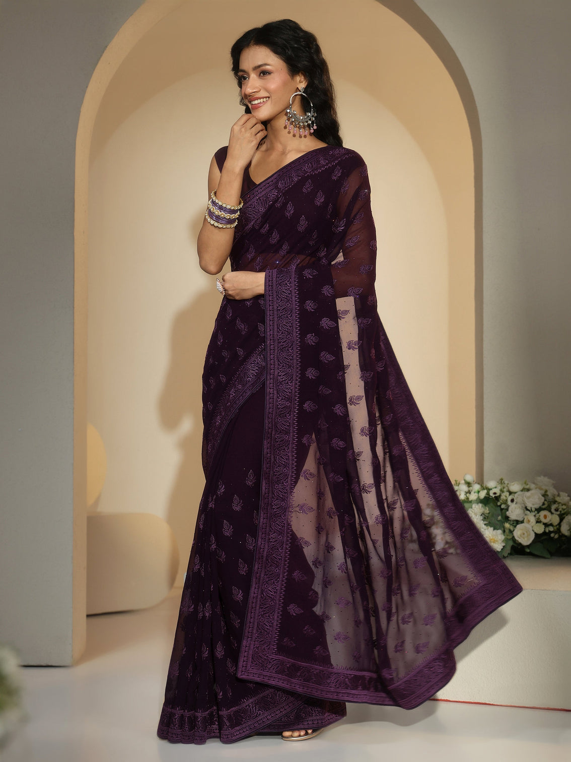 Mameraa Aubergine Purple Floral Embroidered Georgette Saree