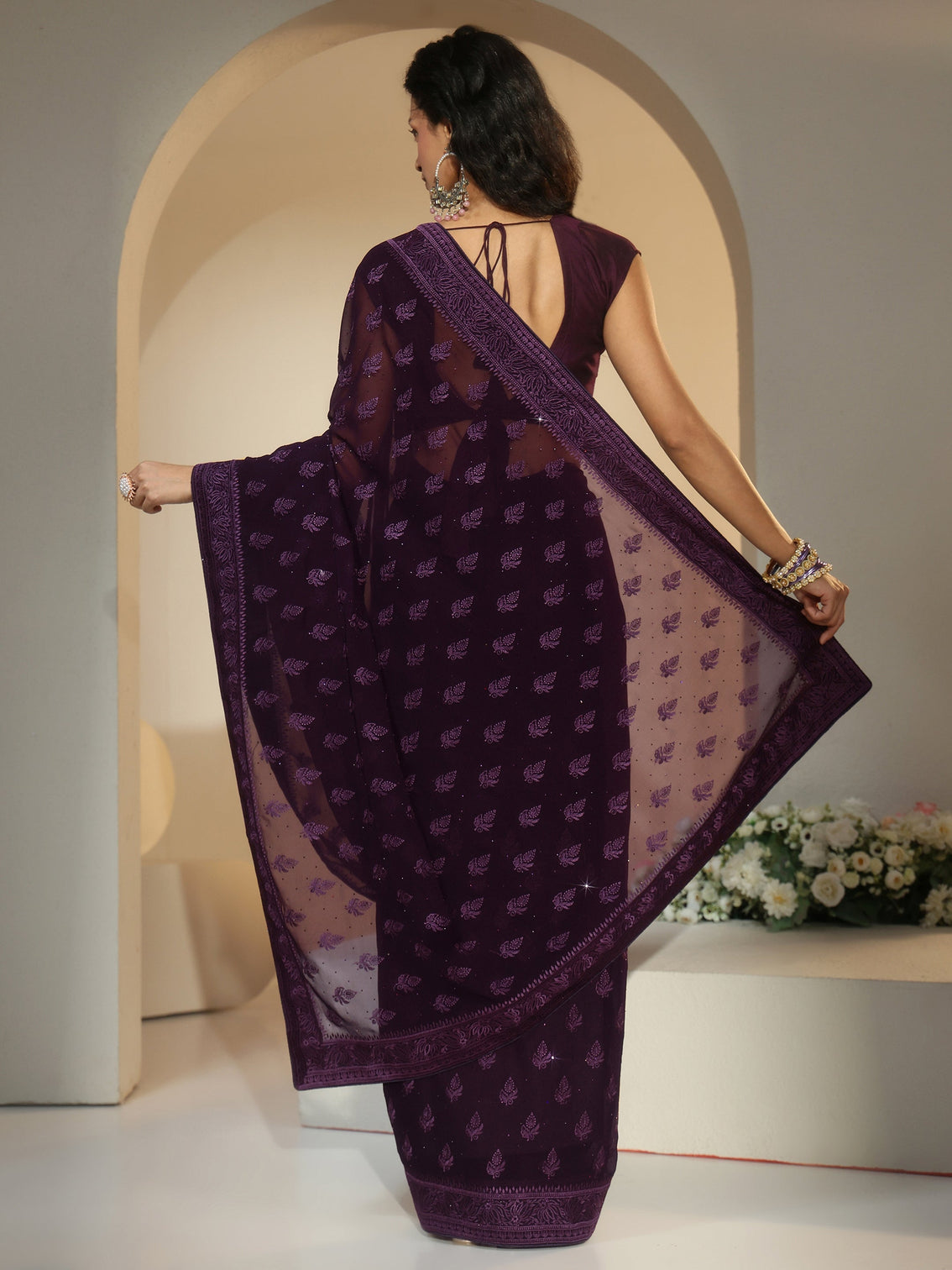 Mameraa Aubergine Purple Floral Embroidered Georgette Saree