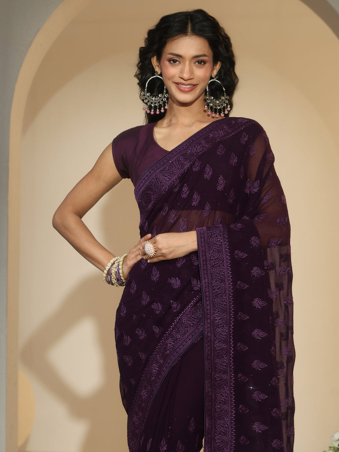 Mameraa Aubergine Purple Floral Embroidered Georgette Saree