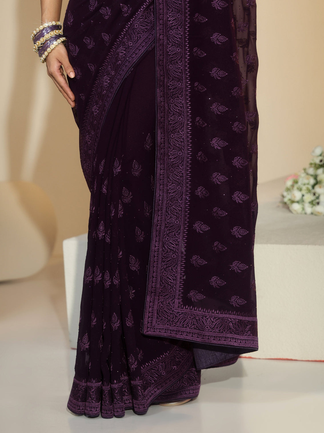 Mameraa Aubergine Purple Floral Embroidered Georgette Saree