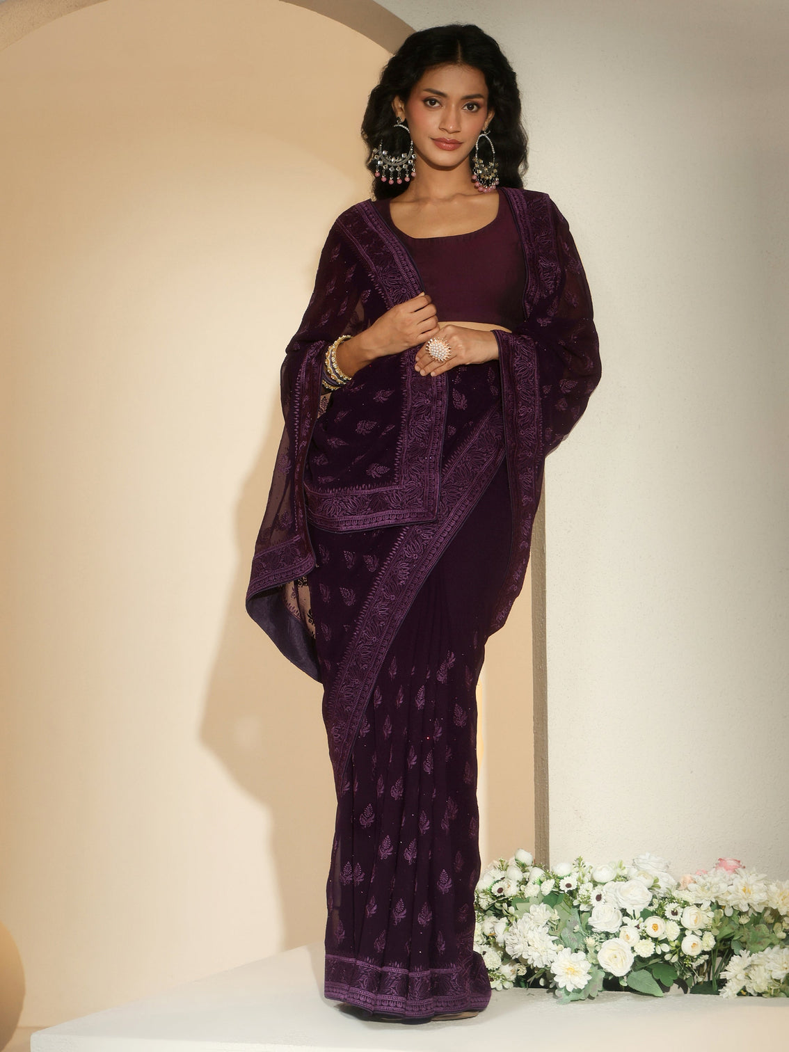 Mameraa Aubergine Purple Floral Embroidered Georgette Saree