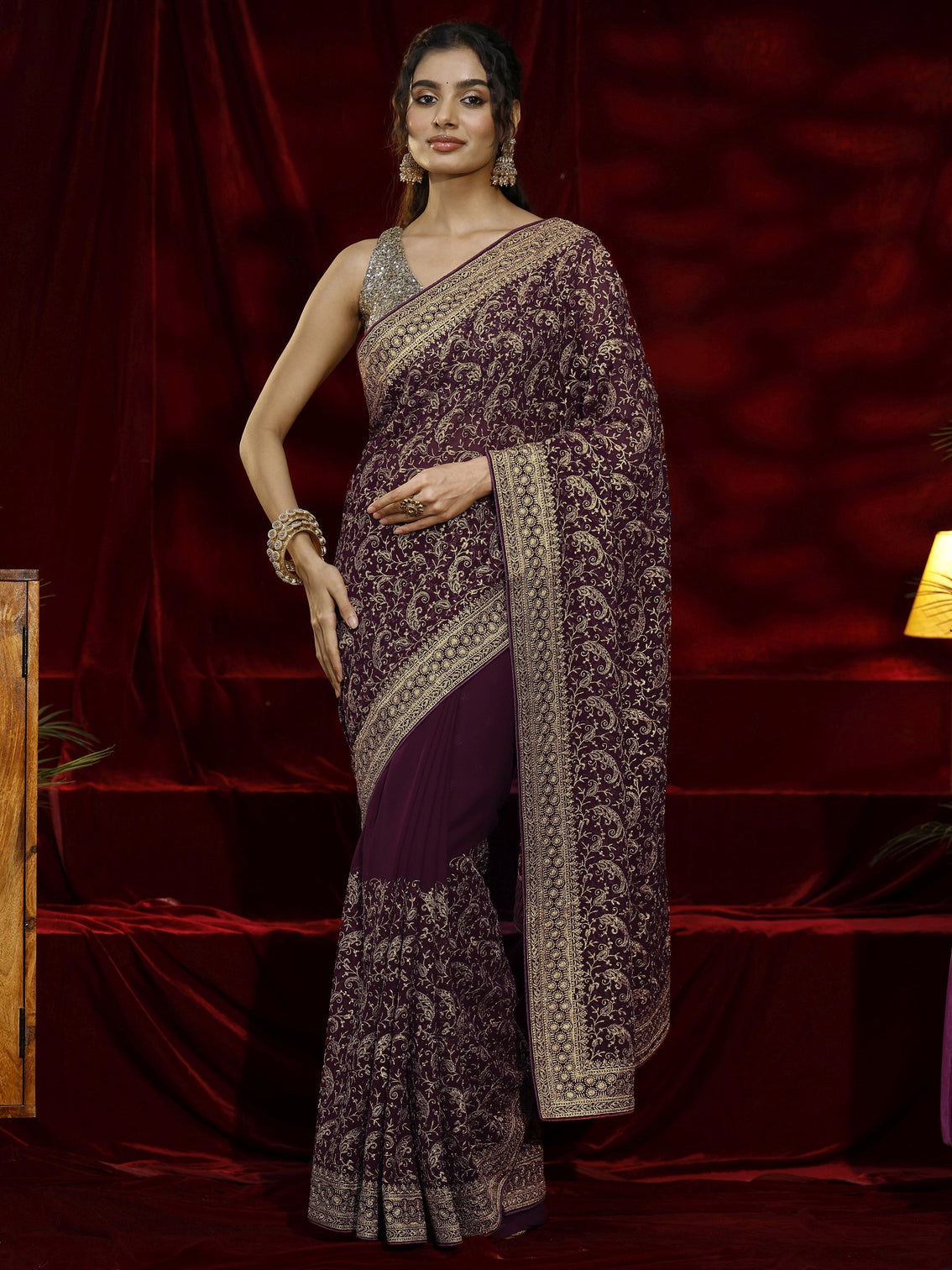 Mameraa Burgundy Embroidered Georgette Saree