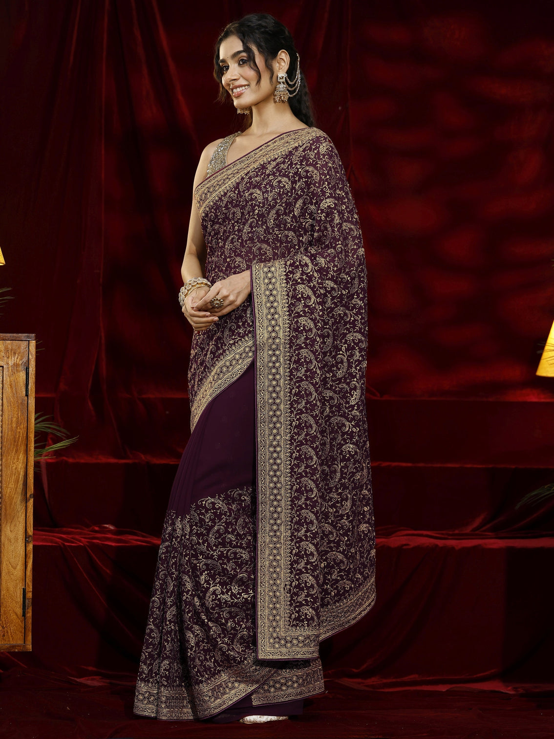Mameraa Burgundy Embroidered Georgette Saree