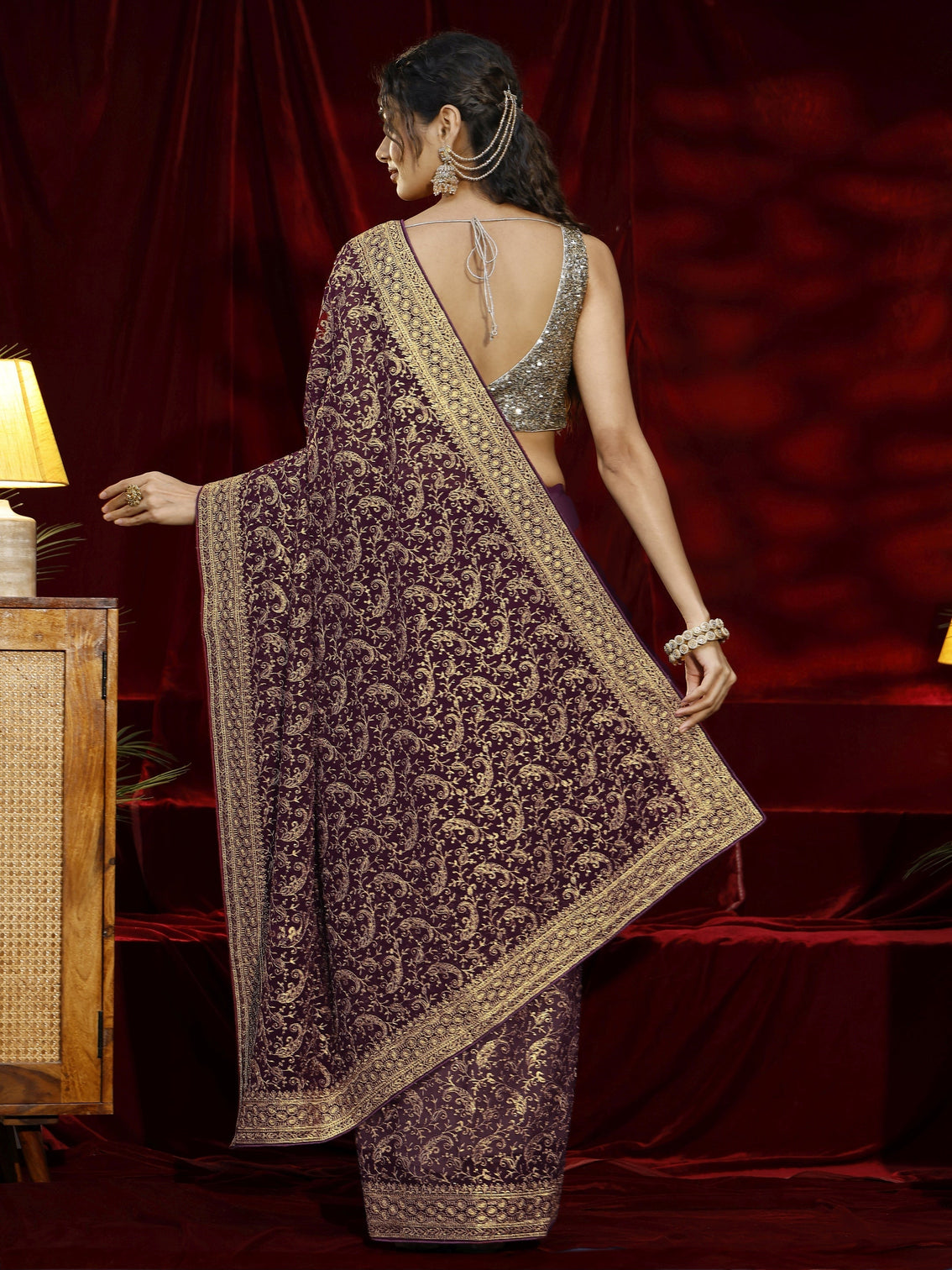 Mameraa Burgundy Embroidered Georgette Saree