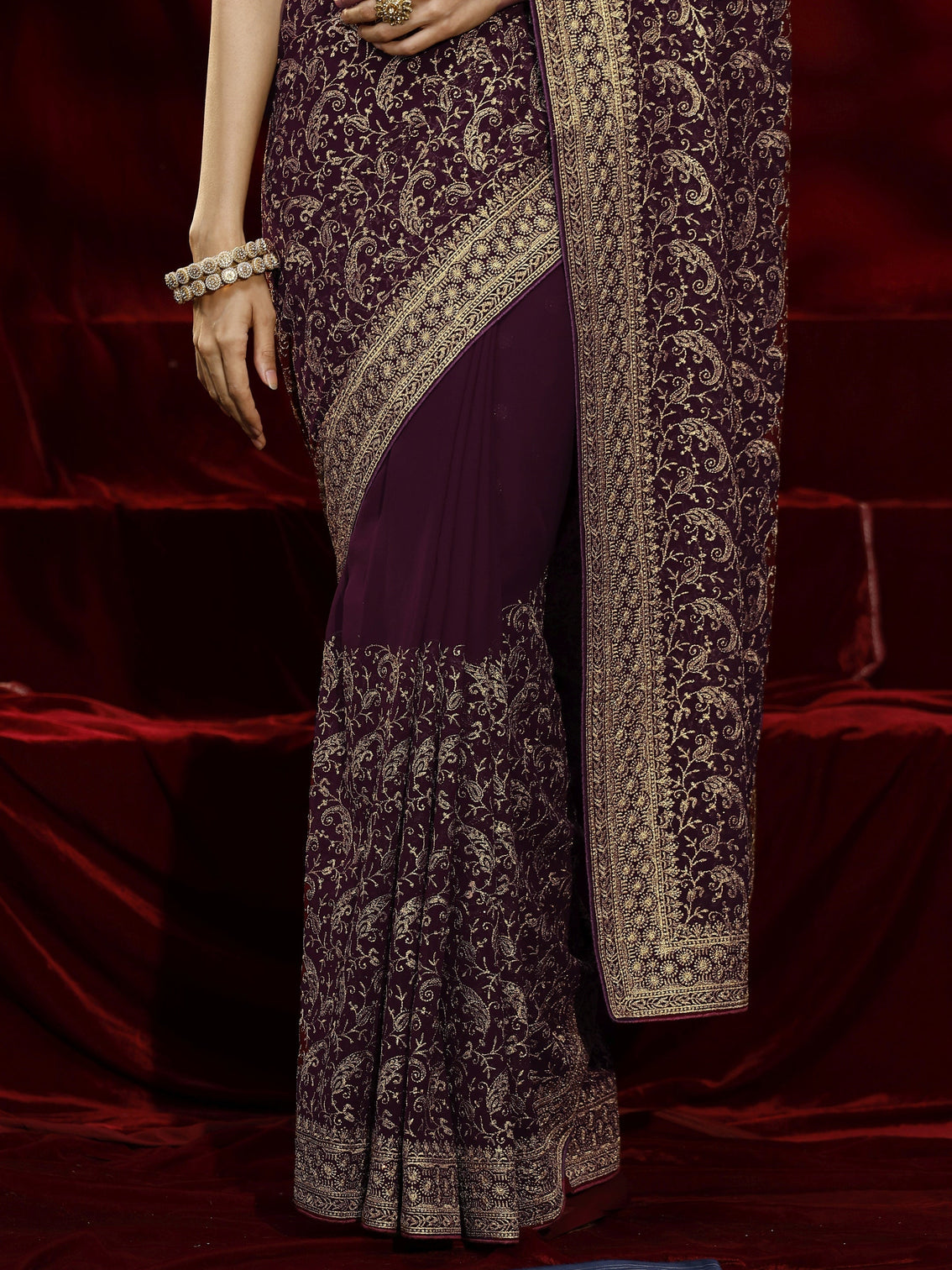 Mameraa Burgundy Embroidered Georgette Saree