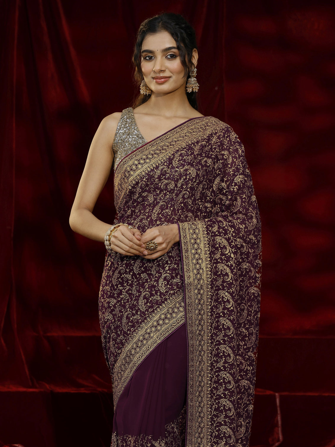 Mameraa Burgundy Embroidered Georgette Saree