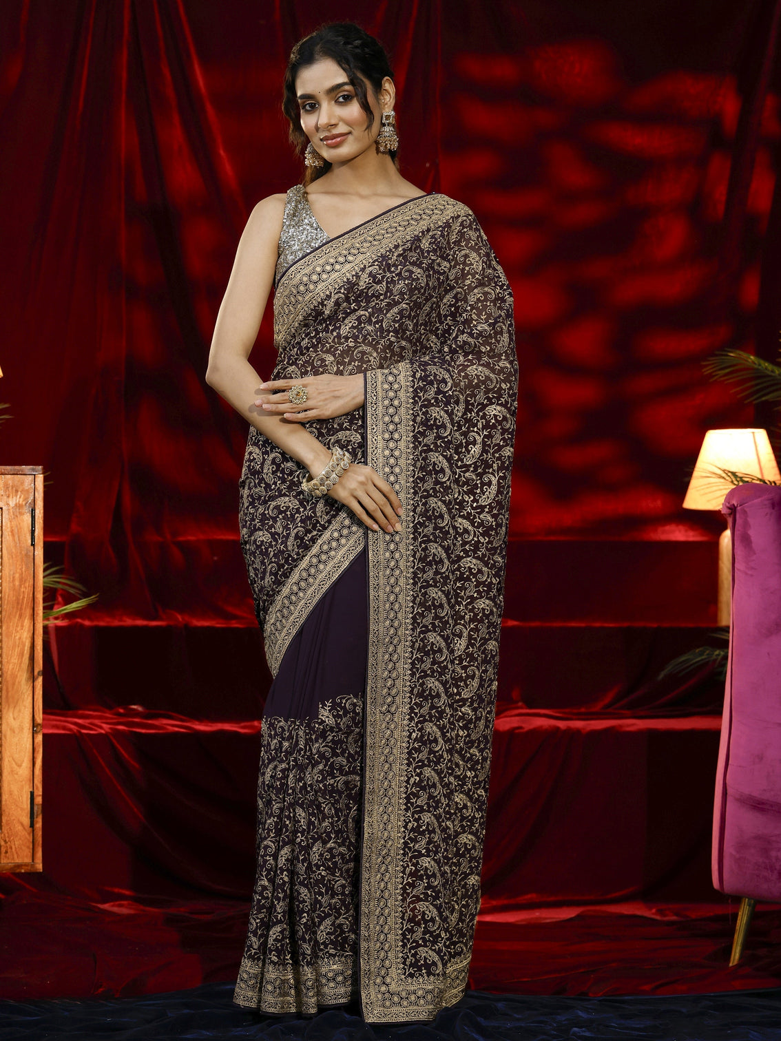 Mameraa Purple Embroidered Georgette Saree