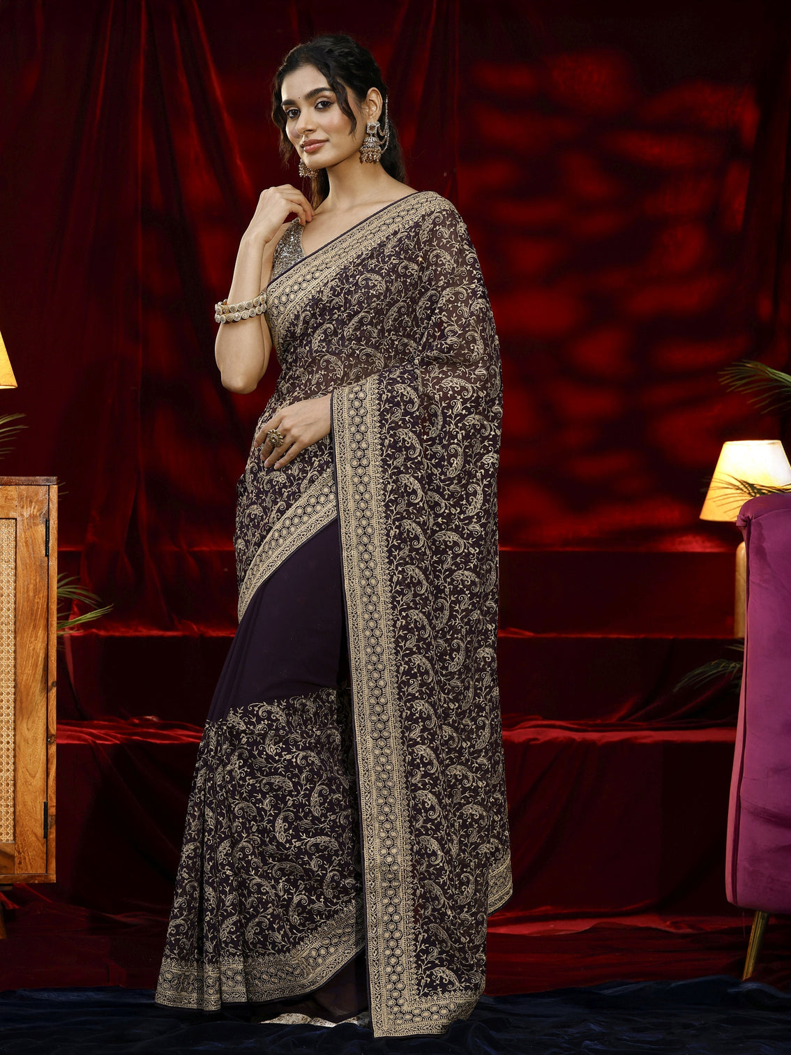 Mameraa Purple Embroidered Georgette Saree