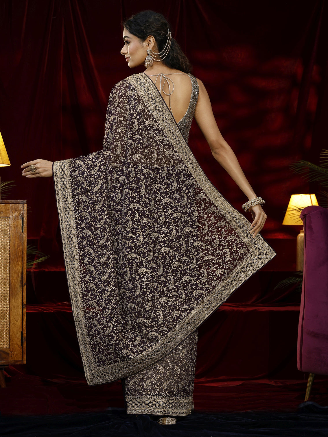 Mameraa Purple Embroidered Georgette Saree