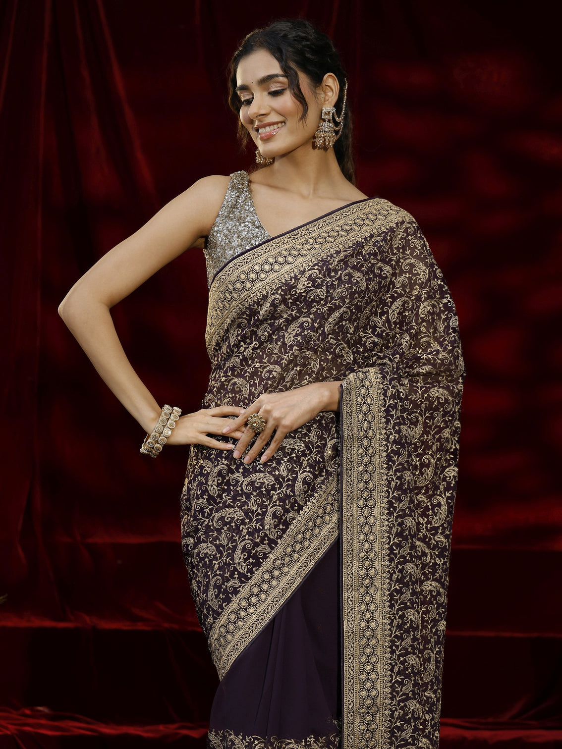 Mameraa Purple Embroidered Georgette Saree