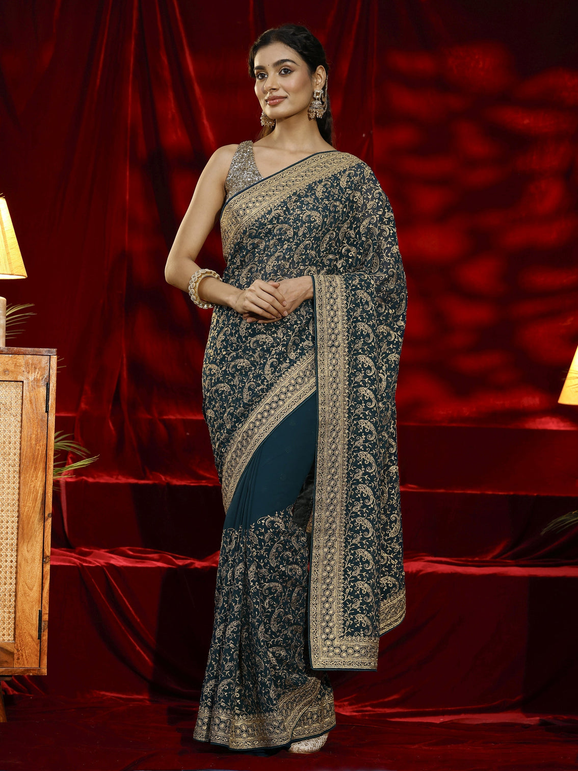 Mameraa Blue Embroidered Georgette Saree