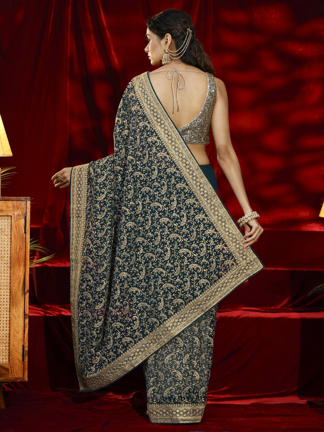 Mameraa Blue Embroidered Georgette Saree