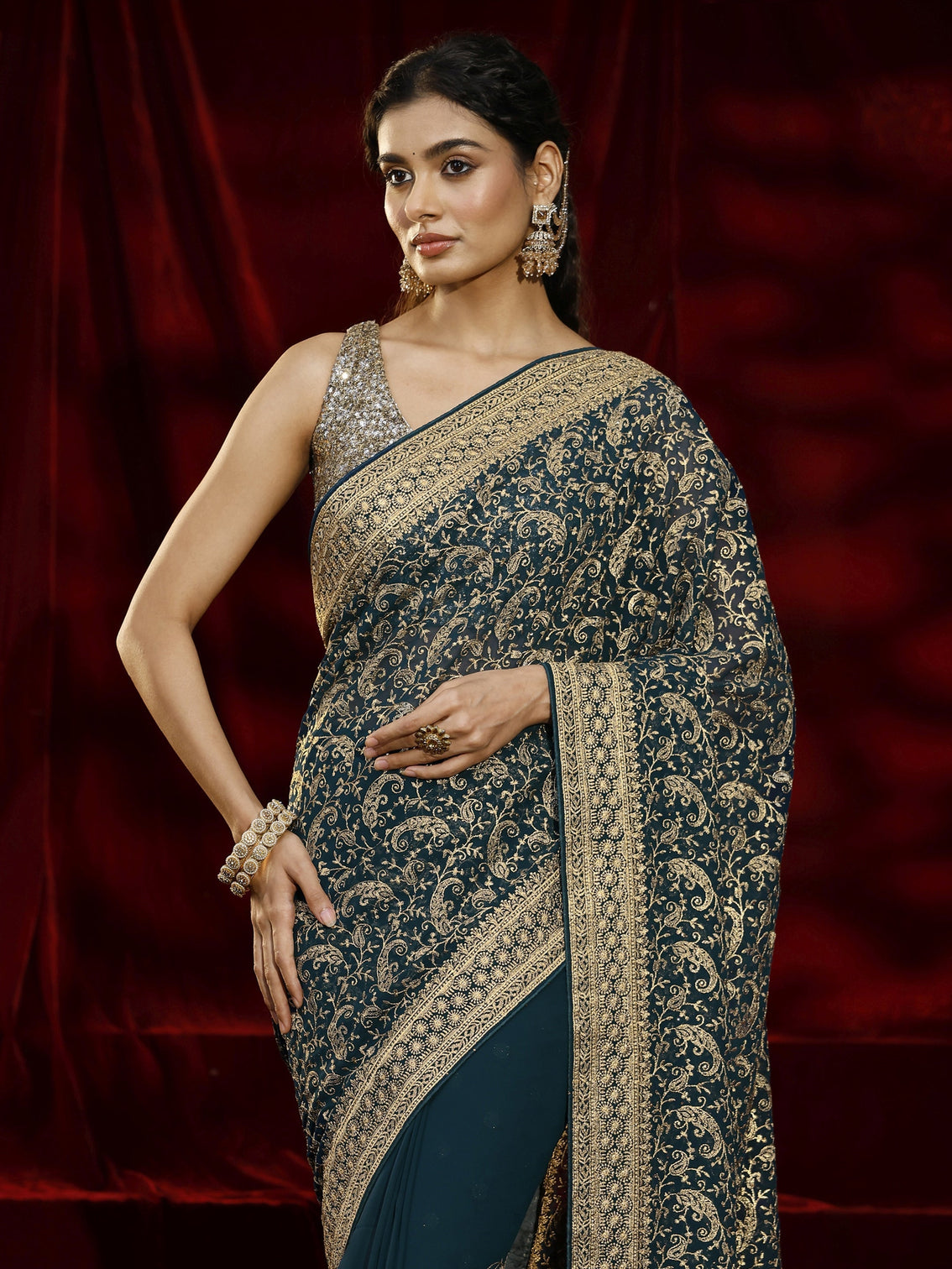 Mameraa Blue Embroidered Georgette Saree