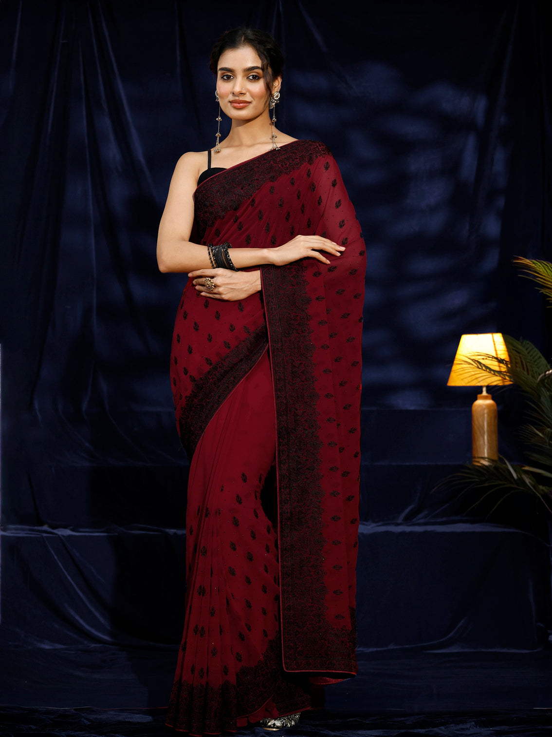 Mameraa Red Floral Embroidered Georgette Saree